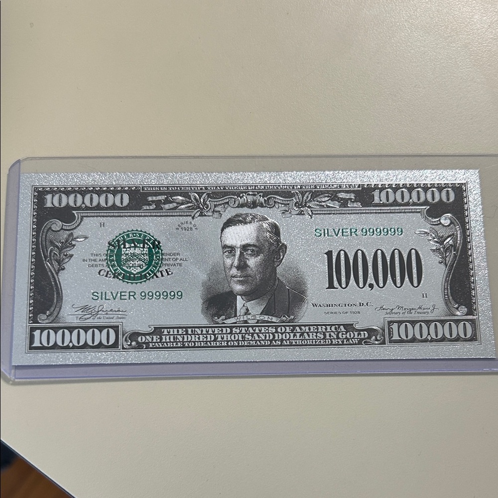 Novelty Silver 100,000 Dollar Collectible Bill - Green & Silver